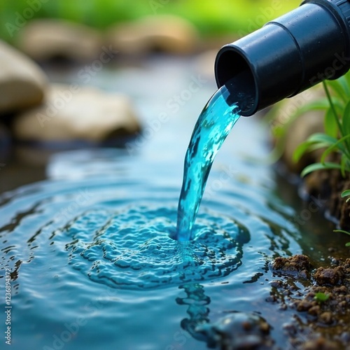 murky blue water seeping from hose into garden ground, water, blue