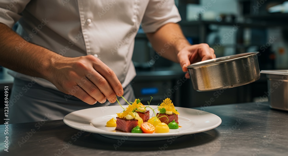 Chef Preparing Gourmet Dish Elegant Food Presentation Chef Preparing Gourmet Dish Elegant Food Presentation