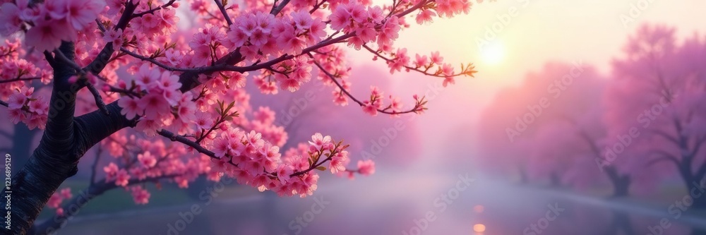 Evening mist rises over blooming cherry tree limbs, pink, trees, blossoms Evening mist rises over blooming cherry tree limbs, pink, trees, blossoms