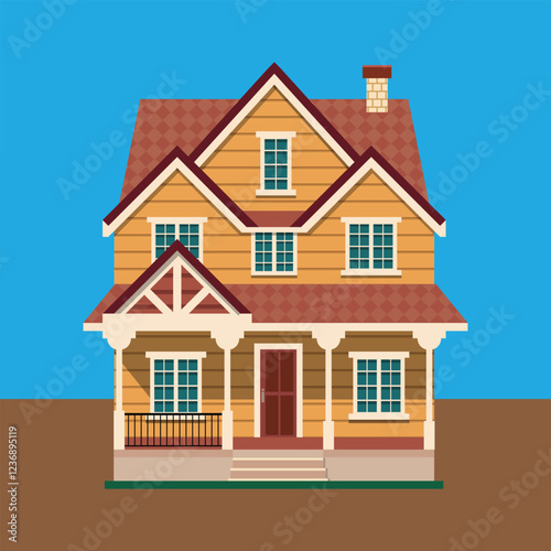 Two-story wooden house with windows and veranda, front view vector illustration