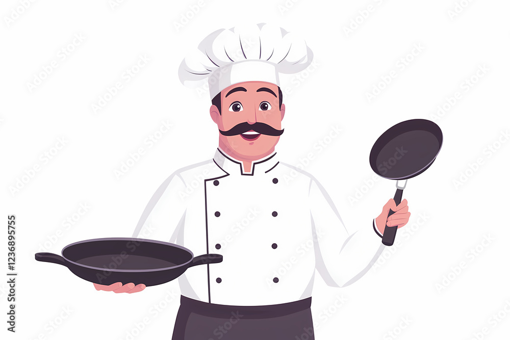Professional chef cooking delicious food in a kitchen setting. Illustration clip art with cookware and utensils. Professional chef cooking delicious food in a kitchen setting. Illustration clip art with cookware and utensils.