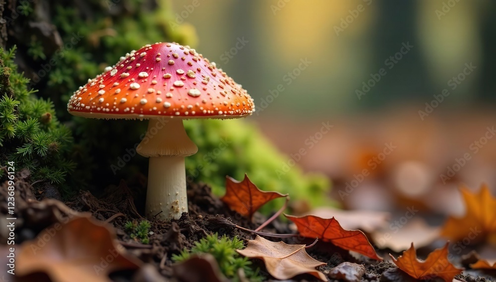 champignon mushroom grows among fallen leaves and twigs, tree stumps, overgrown vegetation, autumn colors champignon mushroom grows among fallen leaves and twigs, tree stumps, overgrown vegetation, autumn colors