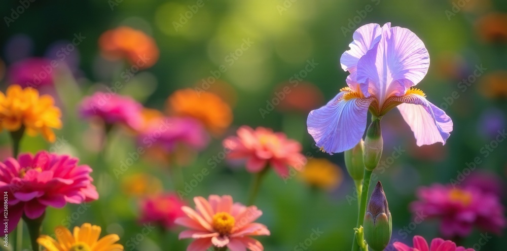 Soft lavender irises sway gently amidst a kaleidoscope of colorful zinnias, garden, pastel colors, lavender irises Soft lavender irises sway gently amidst a kaleidoscope of colorful zinnias, garden, pastel colors, lavender irises