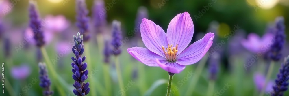 Large lavender colored flower blooming in a garden, lavender, foliage, nature Large lavender colored flower blooming in a garden, lavender, foliage, nature