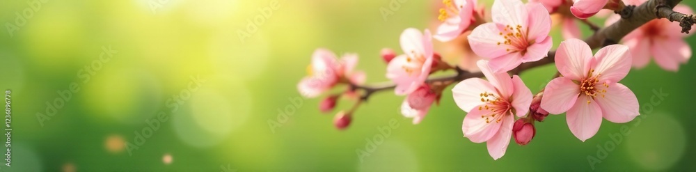 Peach blossoms with a green and yellow color scheme, white, pink, tree Peach blossoms with a green and yellow color scheme, white, pink, tree