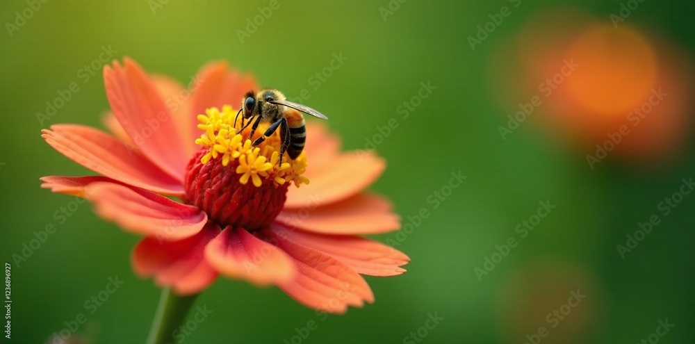 Bee visits a colorful flower to collect nectar and sweet liquid, , green Bee visits a colorful flower to collect nectar and sweet liquid, , green