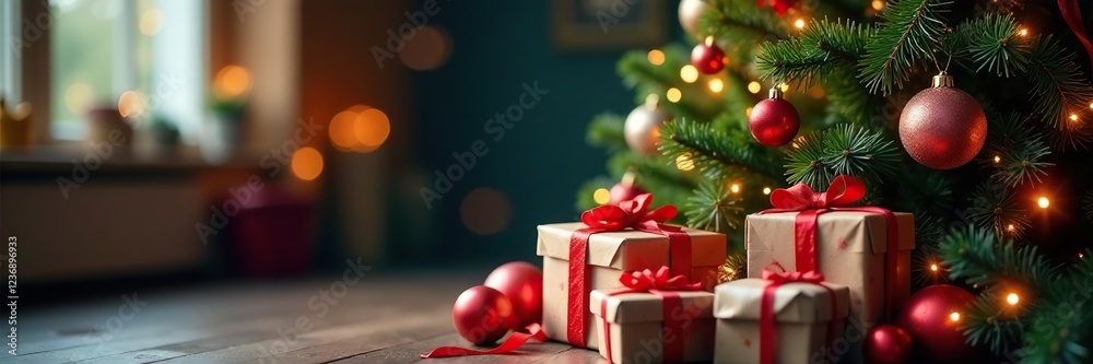 A festive Christmas tree with wrapped presents, ribbons, wrapped A festive Christmas tree with wrapped presents, ribbons, wrapped