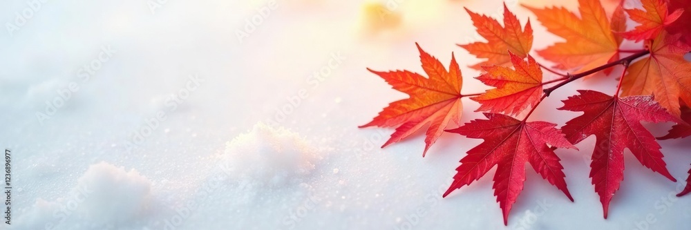 Delicate maple leaves in a gradient of orange and red hues on a snowy white backdrop, red leaves, Delicate maple leaves in a gradient of orange and red hues on a snowy white backdrop, red leaves,