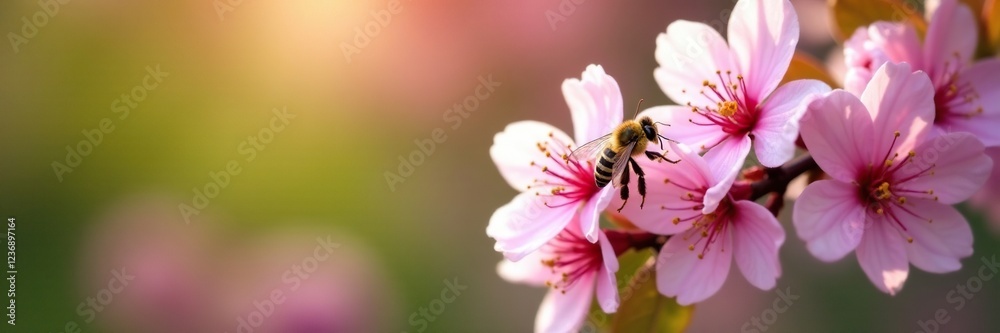 Tiny bee collects pollen from pink cherry blossoms, summer, garden Tiny bee collects pollen from pink cherry blossoms, summer, garden