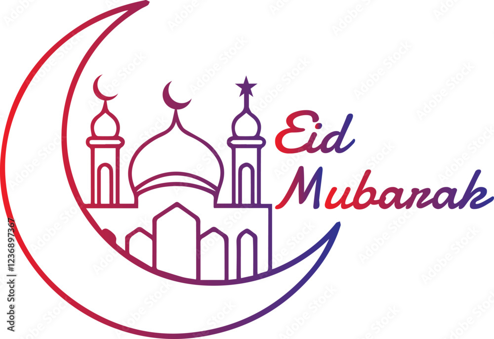 Minimalist Eid Mubarak Gradient Line Art - Crescent Moon and Mosque Illustration. Minimalist Eid Mubarak Gradient Line Art - Crescent Moon and Mosque Illustration.