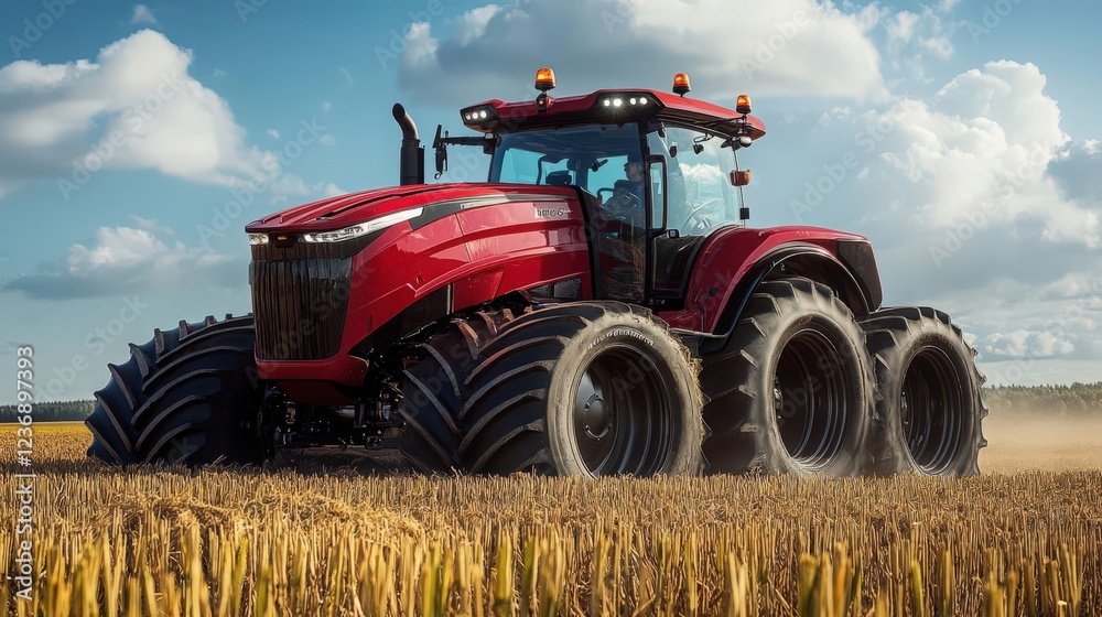 Obraz premium Powerful red tractor working on the field during the day with blue cloudy sky