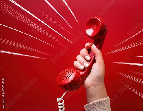 Urgent call. Hand gripping red telephone receiver with action effect