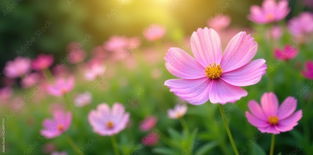 Pastel pink cosmos flowers bloom in a lush garden, blossoming flowers, colorful blooms, Pastel pink cosmos flowers bloom in a lush garden, blossoming flowers, colorful blooms,