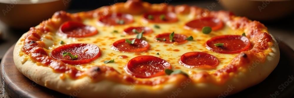 Freshly baked pizza with melted pepperoni and gooey cheese, hot_food, freshly_baked_pizza, food_for_snack Freshly baked pizza with melted pepperoni and gooey cheese, hot_food, freshly_baked_pizza, food_for_snack