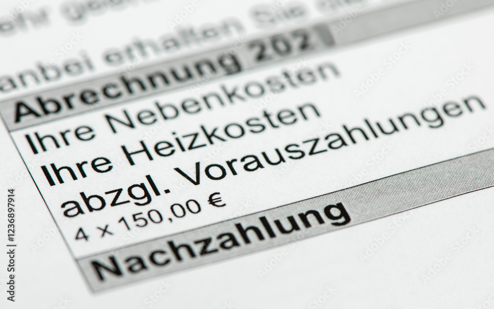 Fototapeta premium Auf der Nebenkostenabrechnung für eine Mietwohnung werden die einzelnen Positionen gemäß dem persönlichen Verbrauch berechnet.