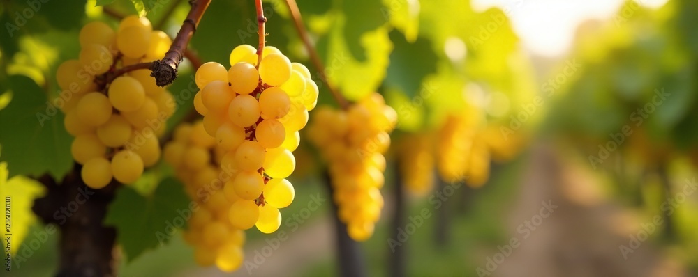 Fototapeta premium Vine with golden Riesling grapes suspended above the ground, gold, grapes