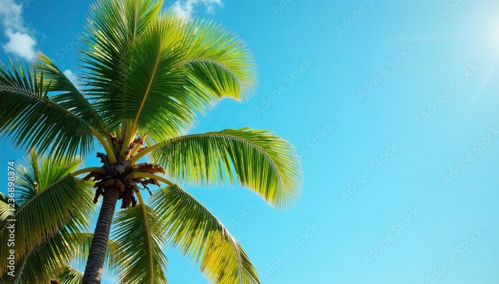 Soft green leaves rustle gently on coconut tree branches, gentle breeze, blue sky, relaxation Soft green leaves rustle gently on coconut tree branches, gentle breeze, blue sky, relaxation