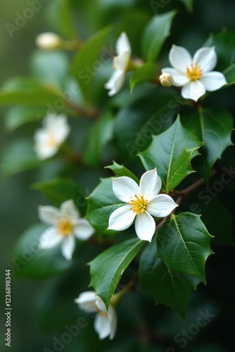 Natural arrangement of holly with white flowers, white, flowers photo