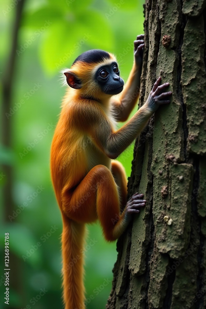 Fototapeta premium Ornate Spider Monkey climbing up a tree trunk, climbing, wildlife