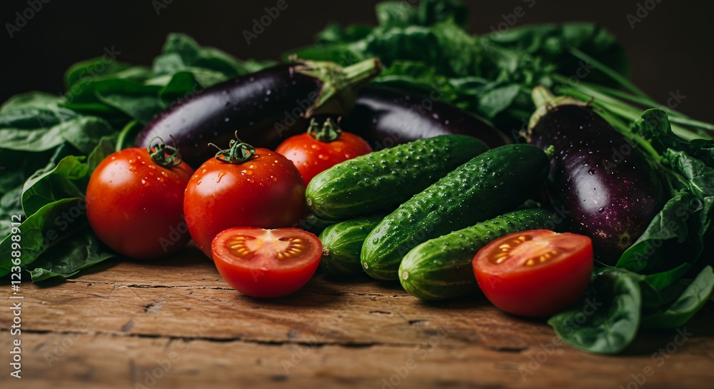 Fresh Tomatoes Cucumbers Eggplants and Spinach on Wood Fresh Tomatoes Cucumbers Eggplants and Spinach on Wood