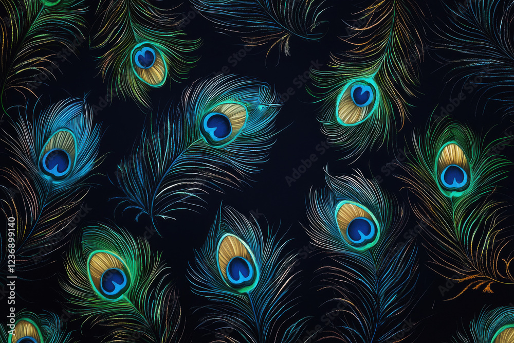 Obraz premium Luxurious peacock feather pattern in vibrant blues and greens against a dark navy background for elegant decor
