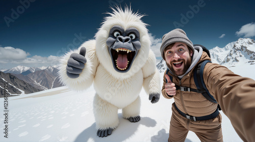 An explorer takes a happy selfie with a friendly yeti in the snow.