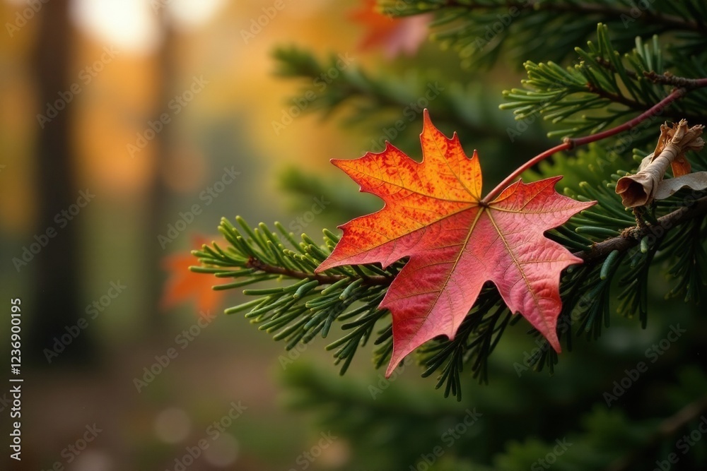 Dry and colorful autumn leaves on a wooden fir branch, decoration, tree, seasonal Dry and colorful autumn leaves on a wooden fir branch, decoration, tree, seasonal