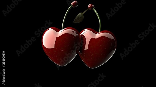 A collection of vibrant red cherries, shaped like hearts, evokes feelings of love and passion, beautifully contrasted against a deep black background