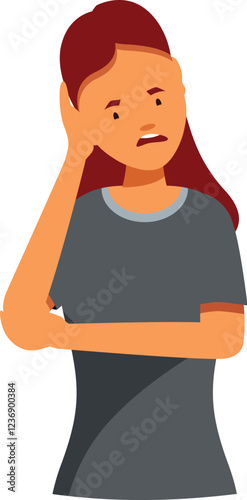 Stressed woman holding her head with her hand, suffering from a headache, migraine, or depression, experiencing negative emotions