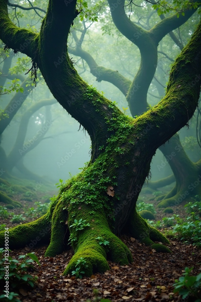 Moss covered branches of ancient evergreen tree, misty forest, foliage Moss covered branches of ancient evergreen tree, misty forest, foliage