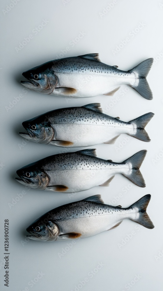 Fototapeta premium Freshly caught trout displayed neatly in a row on a white surface, showcasing their shiny scales and distinct markings