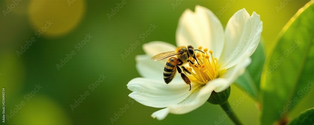 Small bee collecting pollen from a lemon blossom, pollen, pollination, garden Small bee collecting pollen from a lemon blossom, pollen, pollination, garden