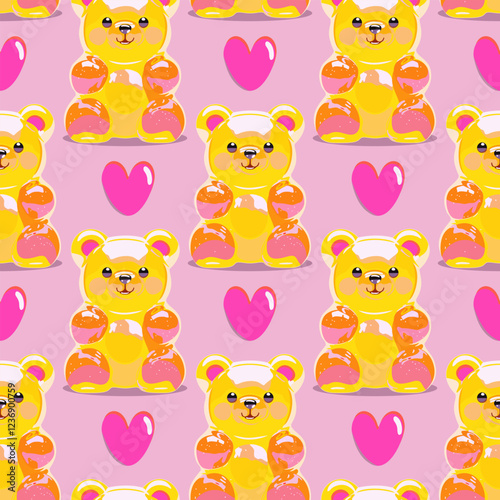Vector seamless pattern with bright honey gummy bears and candy hearts on soft pink background