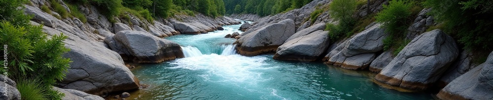 Mystic river flowing through rugged stone formations, landscape, rough Mystic river flowing through rugged stone formations, landscape, rough