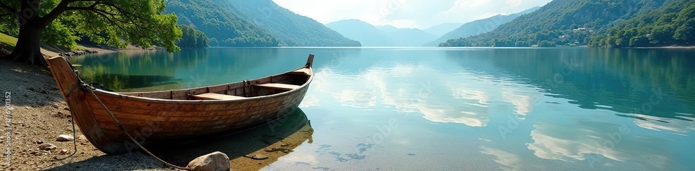 A rustic wooden boat docked on the shore of a serene lake, border, serene A rustic wooden boat docked on the shore of a serene lake, border, serene