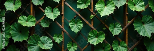 Exotic philodendron vines entwine a metal trellis, metal, gold