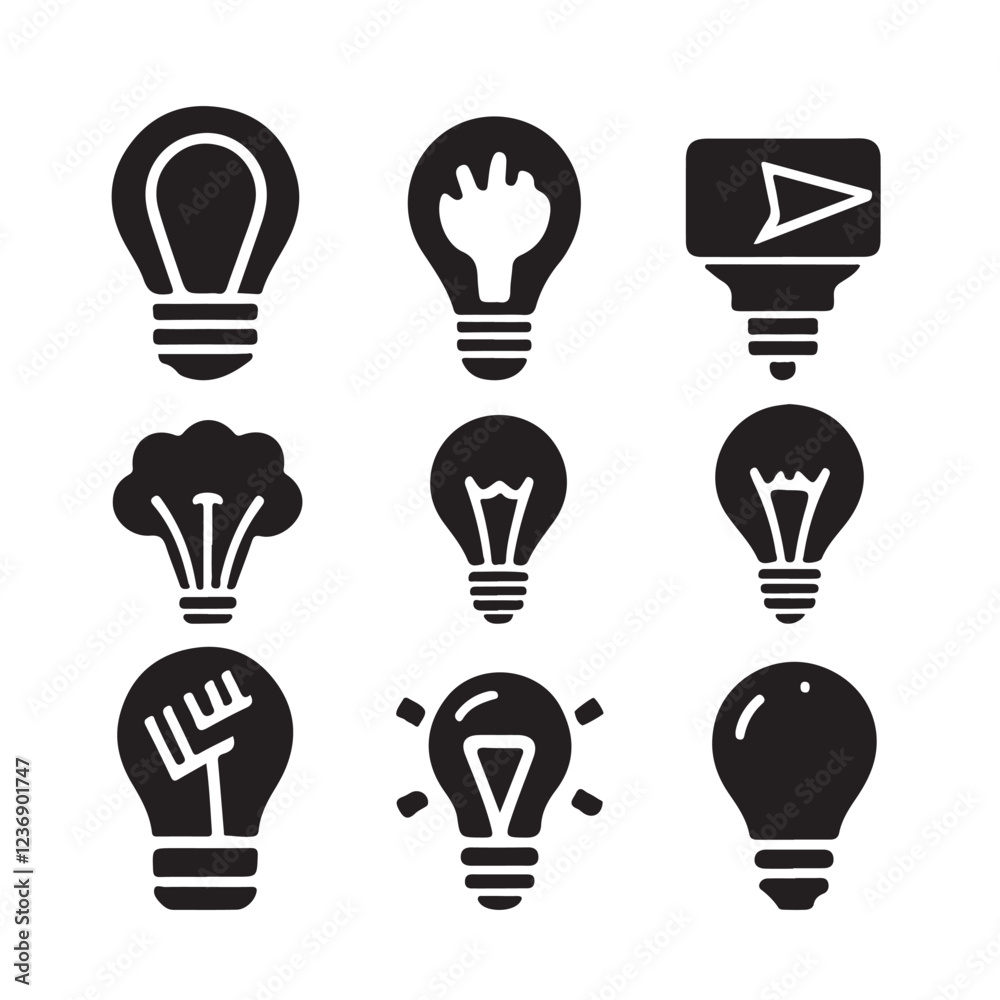 Light Bulb Icon Collection. Black Electric Lamp Vector Set Light Bulb Icon Collection. Black Electric Lamp Vector Set