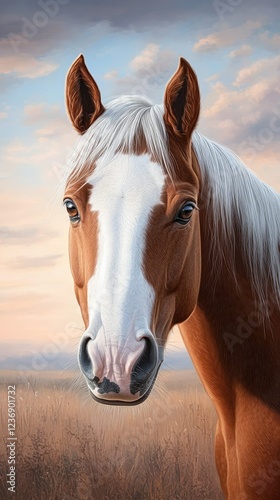 Majestic brown horse with striking white markings standing in a sunlit field surrounded by a vibrant sky during twilight