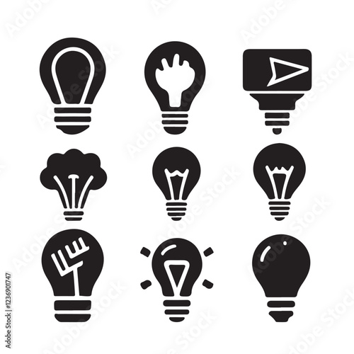 Light Bulb Icon Collection. Black Electric Lamp Vector Set