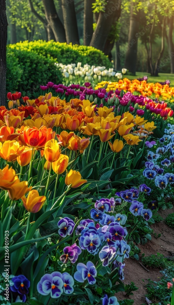 Vibrant Spring Garden Path with Colorful Tulips and Pansies for Nature-Inspired Designs Vibrant Spring Garden Path with Colorful Tulips and Pansies for Nature-Inspired Designs