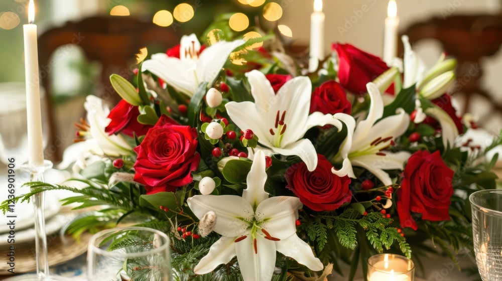 Obraz premium Elegantly Arranged Christmas Floral Centerpiece with Red Roses and White Lilies for Festive Decor