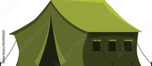 Green canvas military tent with windows and ropes, providing temporary shelter in outdoor or war environments