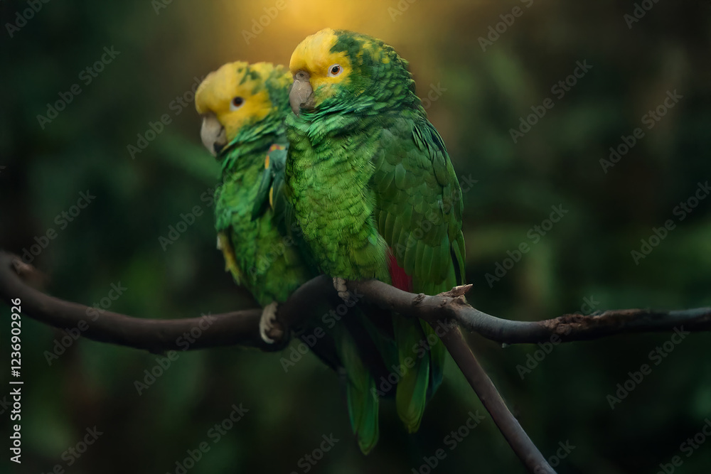 Pair of Yellow-Headed Amazon Parrots Perched on a Branch, Captured in Soft Natural Lighting. Ideal for Wildlife Conservation, Nature Photography, and Tropical Bird Studies. Pair of Yellow-Headed Amazon Parrots Perched on a Branch, Captured in Soft Natural Lighting. Ideal for Wildlife Conservation, Nature Photography, and Tropical Bird Studies.