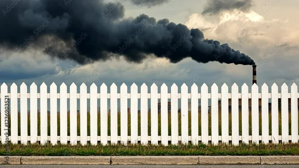 A simple, clean white fence on a deserted street, with dark smoke pouring out of industrial chimneys in the background. A simple, clean white fence on a deserted street, with dark smoke pouring out of industrial chimneys in the background.