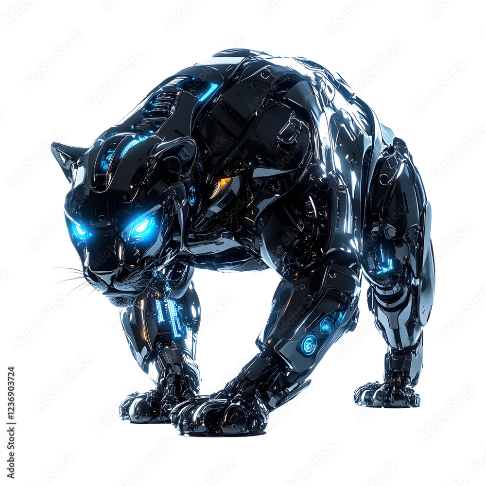 Mechanical Panther with Glowing Blue Eyes Isolated on Transparent Background Mechanical Panther with Glowing Blue Eyes Isolated on Transparent Background