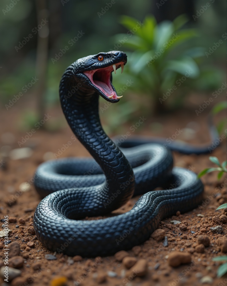 Obraz premium A black snake is curled up on the ground. The snake is black and has red eyes. The snake is laying on the ground and it is resting. Generative AI.