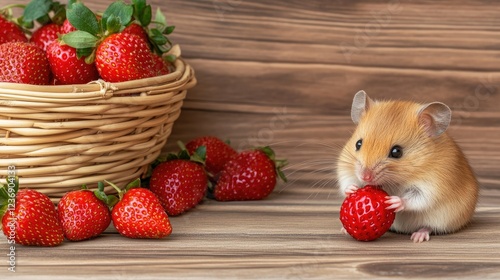 Cute hamster enjoys a juicy strawberry beside a basket filled with fresh strawberries on a wooden table