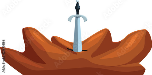Cartoon silver sword in the stone emerging from the ground
