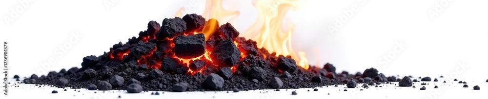 Burning embers stack isolated on white surface, ash, coal pile Burning embers stack isolated on white surface, ash, coal pile