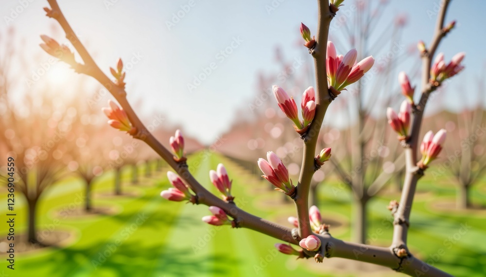Cherry tree buds blooming in spring orchard, renewal of life Cherry tree buds blooming in spring orchard, renewal of life